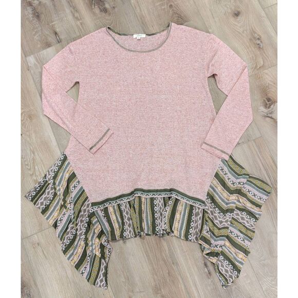 Oddy Boho Tribal Shark Bite Hem Tunic Top Long Sleeve Women's Medium Pink Green - Picture 7 of 14